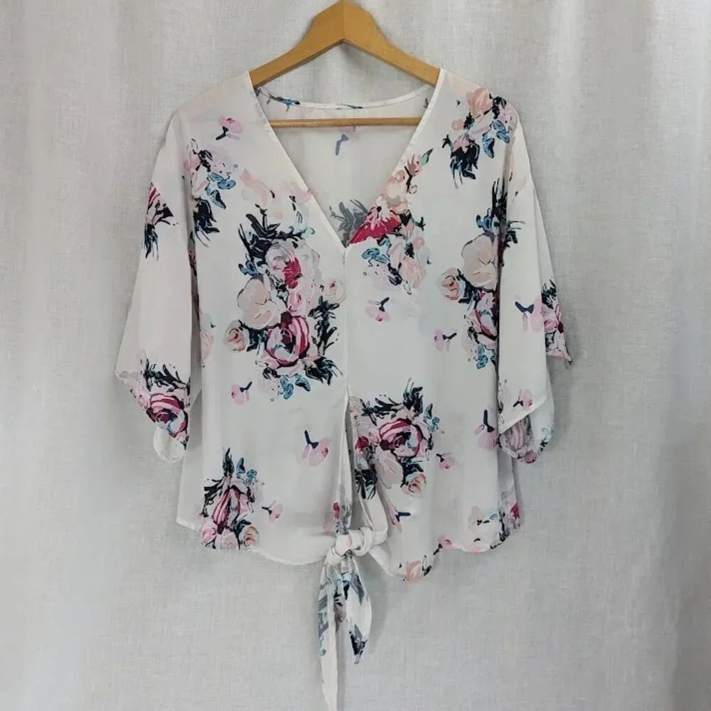 White floral flowy tunic with a knot front, oversized fit Womens size Large T18 - Picture 2 of 10